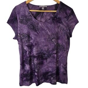 Suzie Couture Purple Tie Dye Floral Glitter Short Sleeve T-Shirt Women's Large